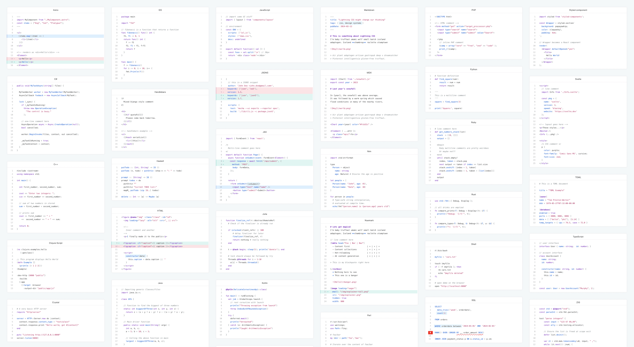 Light mode styling across 30+ languages