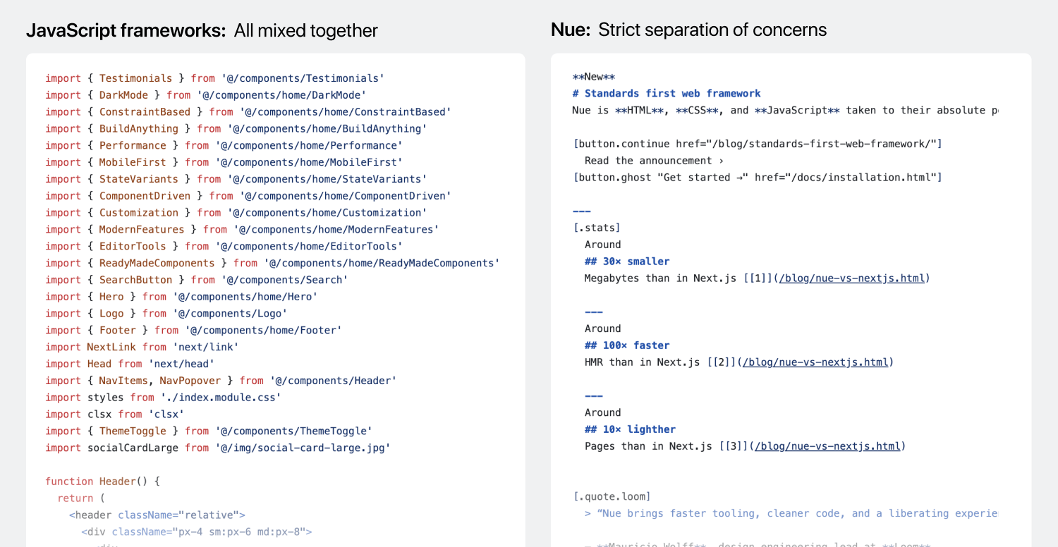 Next.js vs Nue: tight coupling vs separation of concerns